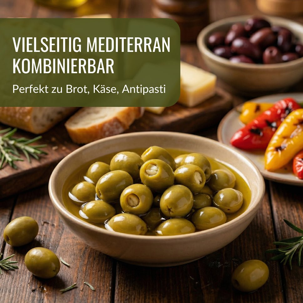 Gefüllte grüne Oliven mit Knoblauch eingelegt in Olivenöl nativ extra - OlivenZauber - Olivenöl neu erleben
