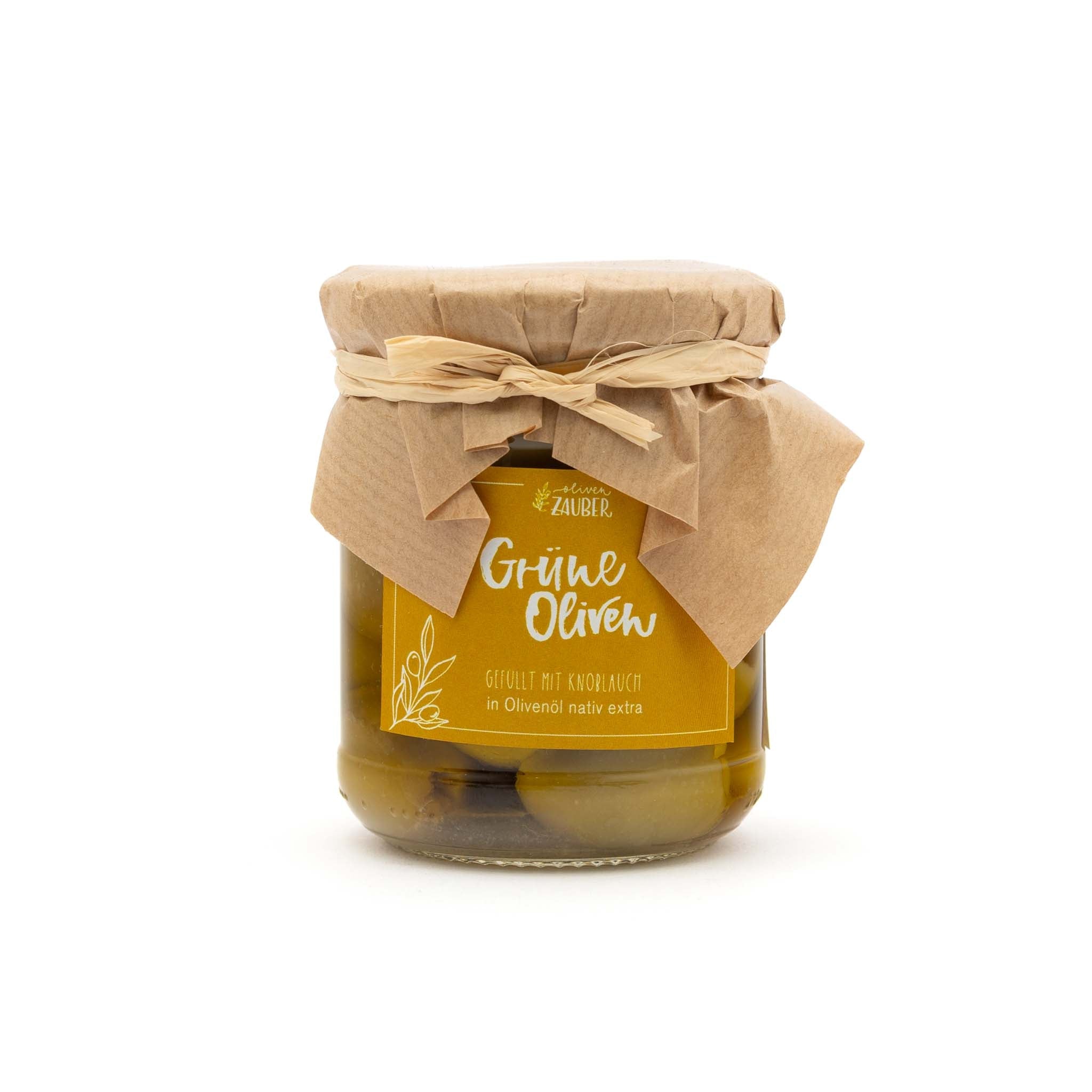 Gefüllte grüne Oliven mit Knoblauch eingelegt in Olivenöl nativ extra - OlivenZauber - Olivenöl neu erleben