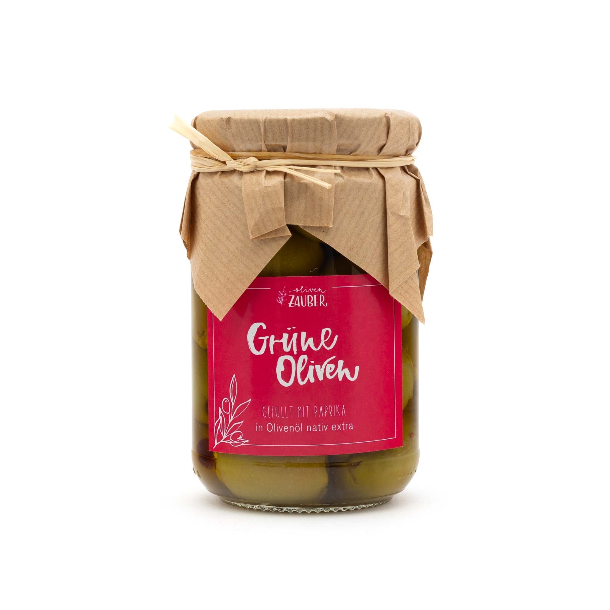 Gefüllte grüne Oliven mit Paprika eingelegt in Olivenöl nativ extra - OlivenZauber - Olivenöl neu erleben