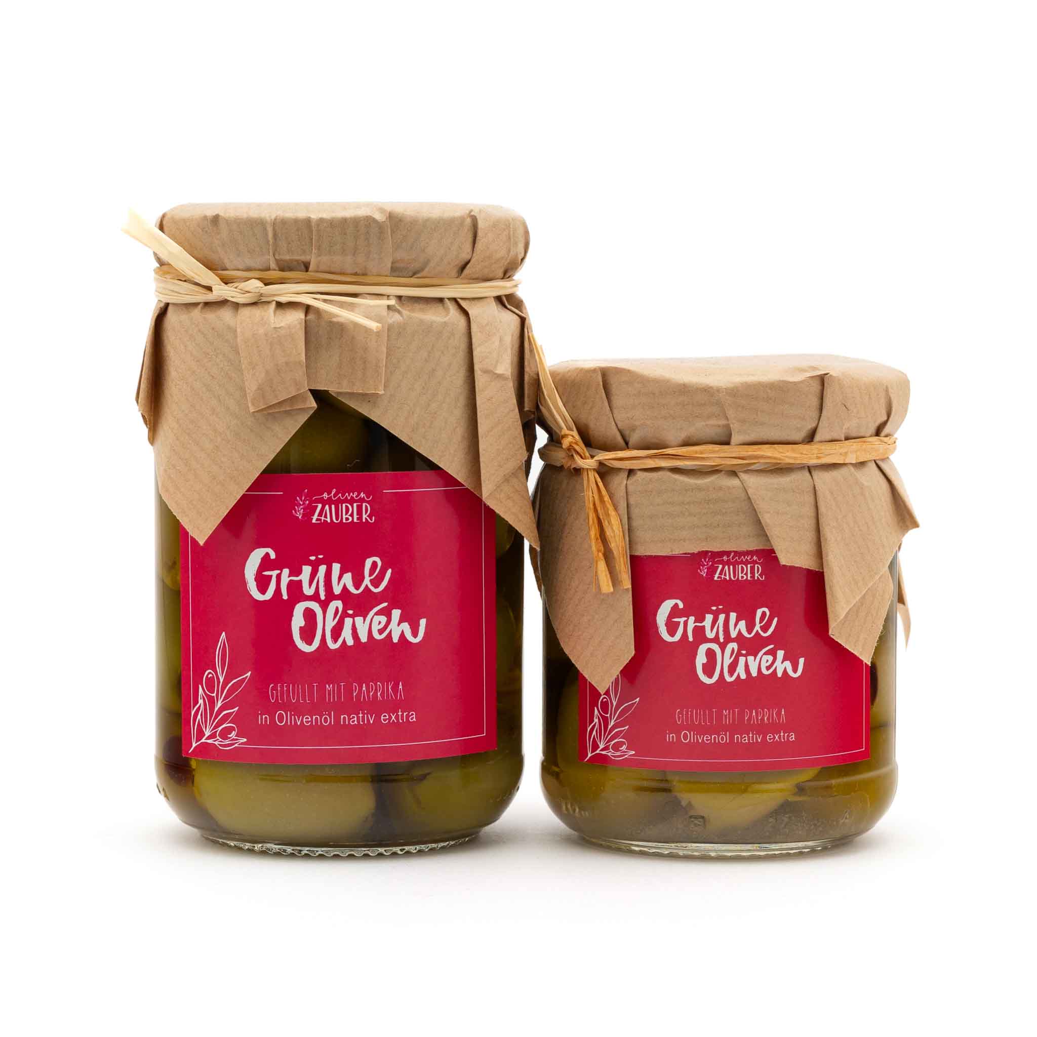 Gefüllte grüne Oliven mit Paprika eingelegt in Olivenöl nativ extra - OlivenZauber - Olivenöl neu erleben