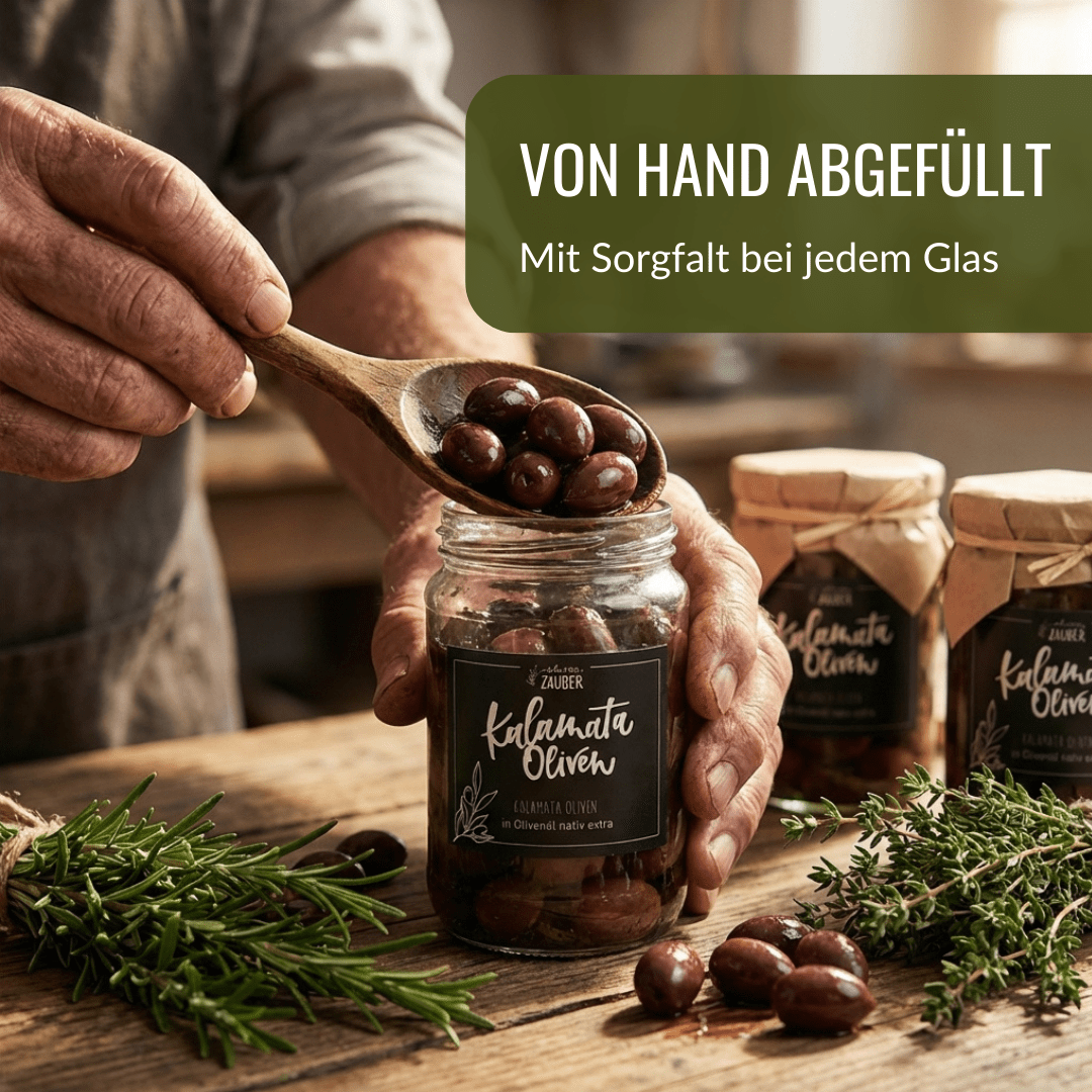 Griechische Kalamata Oliven eingelegt in Olivenöl nativ extra - OlivenZauber - Olivenöl neu erleben