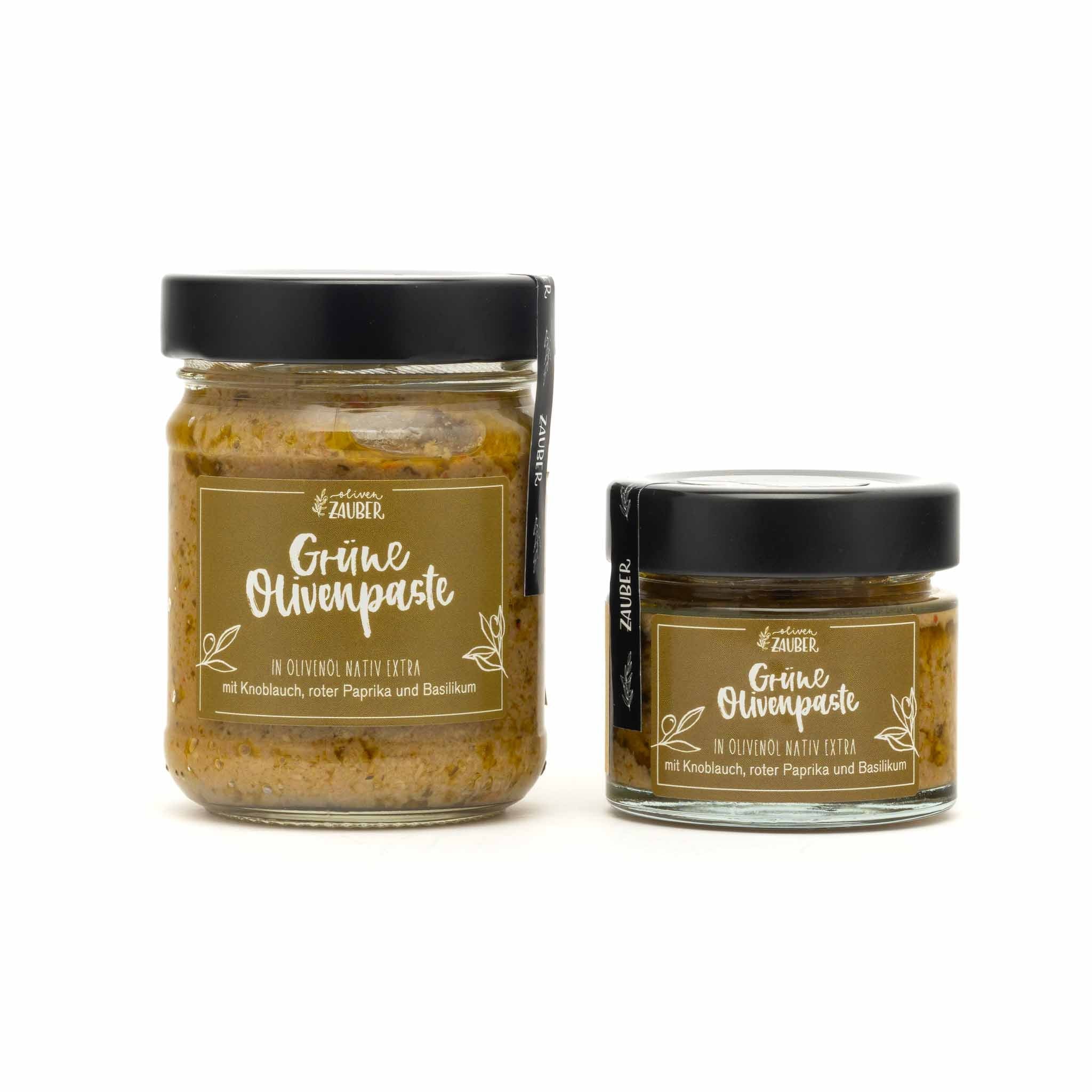Grüne Olivenpaste mit Knoblauch und extra-nativem Olivenöl - OlivenZauber - Olivenöl neu erleben