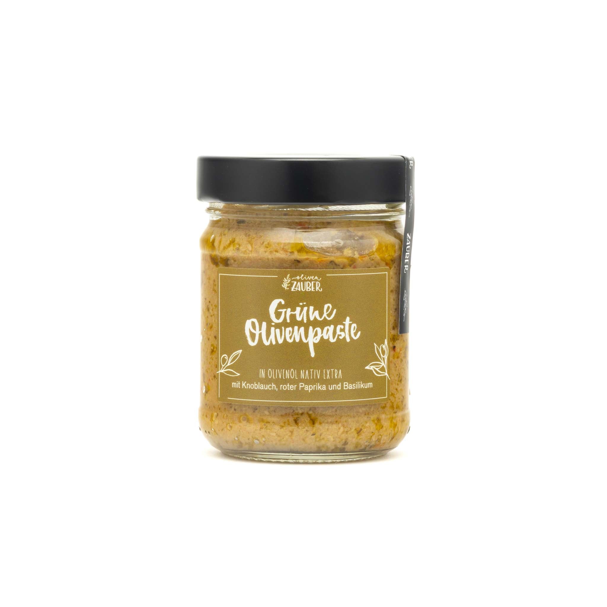 Grüne Olivenpaste mit Knoblauch und extra - nativem Olivenöl - OlivenZauber - Olivenöl neu erleben