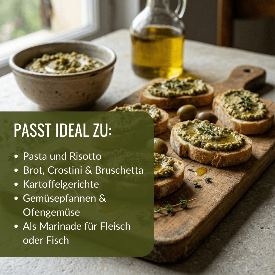 Grüne Olivenpaste mit Knoblauch und extra - nativem Olivenöl - OlivenZauber - Olivenöl neu erleben