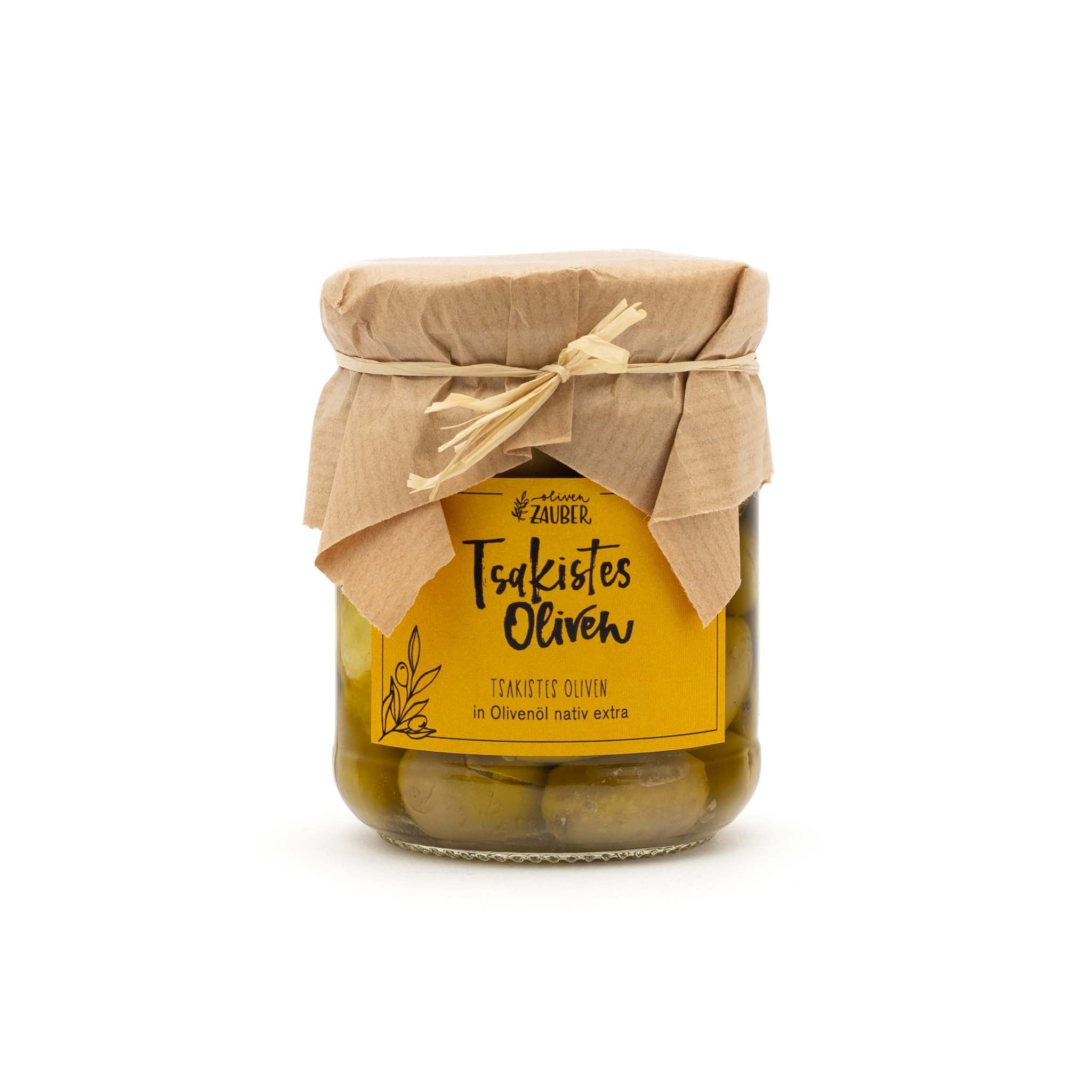 Grüne Tsakistes Oliven mit Zitrone eingelegt in Olivenöl nativ extra - OlivenZauber - Olivenöl neu erleben