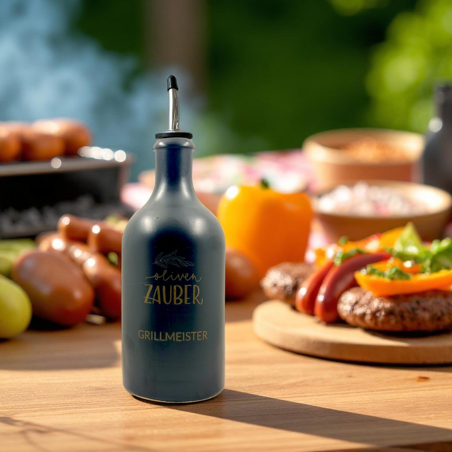 Hochwertige Ton - Karaffe mit Edelstahl - Ausgießer "Grillmeister" - OlivenZauber - Olivenöl neu erleben