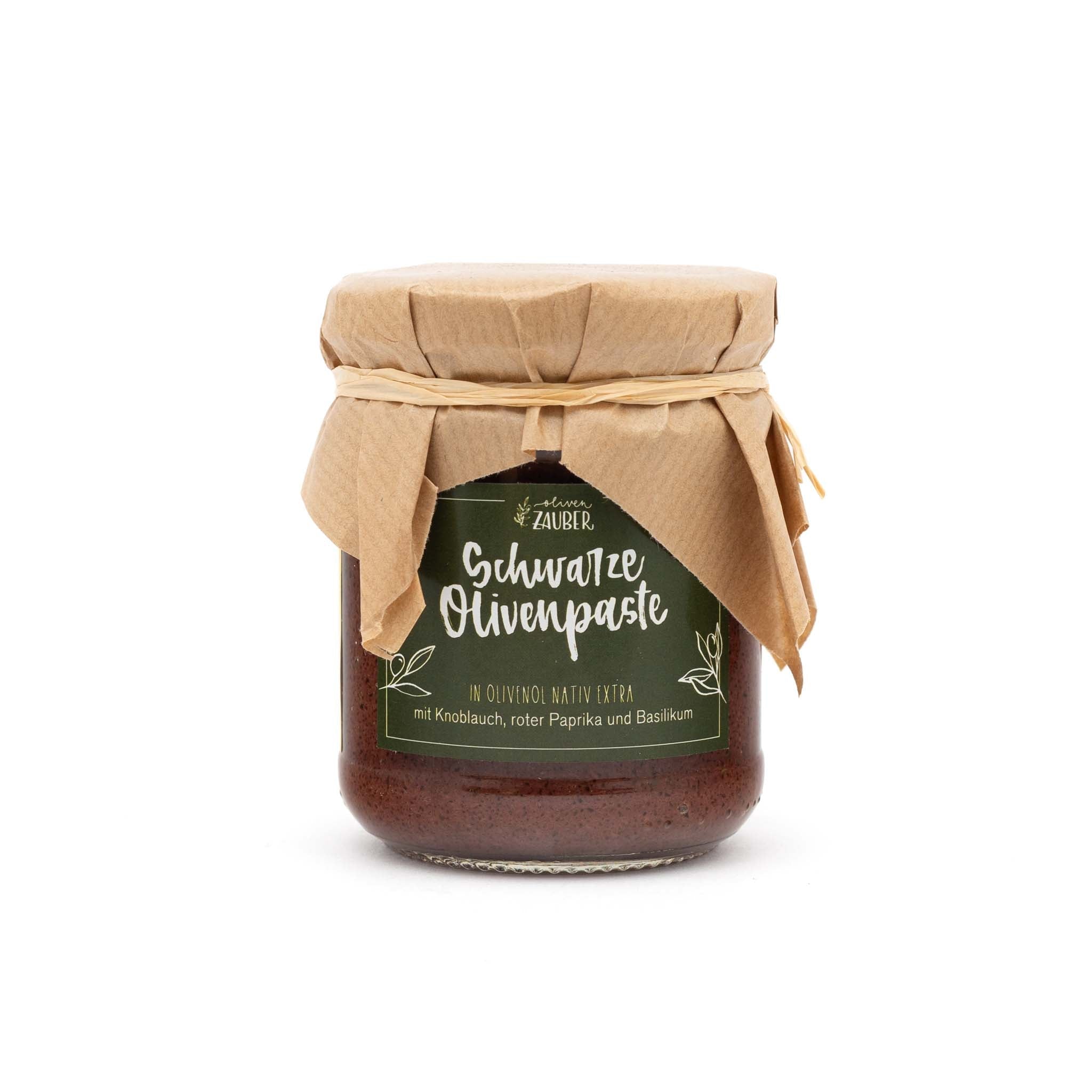 Schwarze Olivenpaste mit Knoblauch und extra - nativem Olivenöl - OlivenZauber - Olivenöl neu erleben