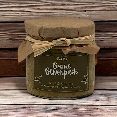 Grüne Olivenpaste mit Knoblauch und extra-nativem Olivenöl - OlivenZauber - Olivenöl neu erleben