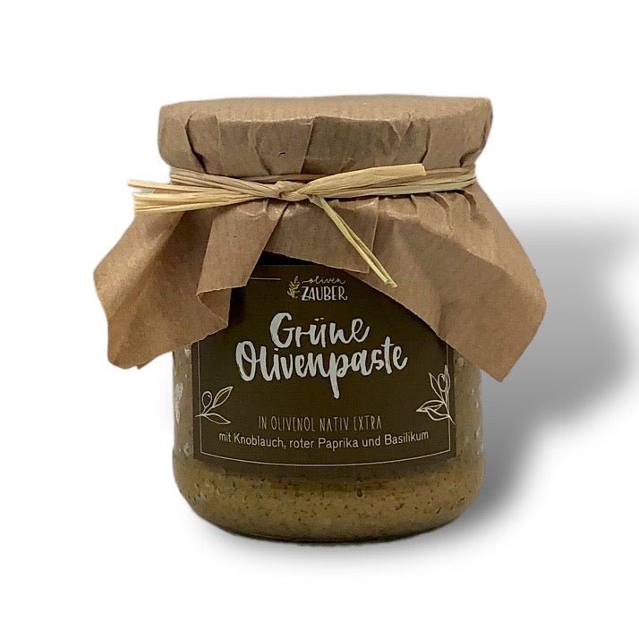 Grüne Olivenpaste mit Knoblauch und extra-nativem Olivenöl - OlivenZauber - Olivenöl neu erleben