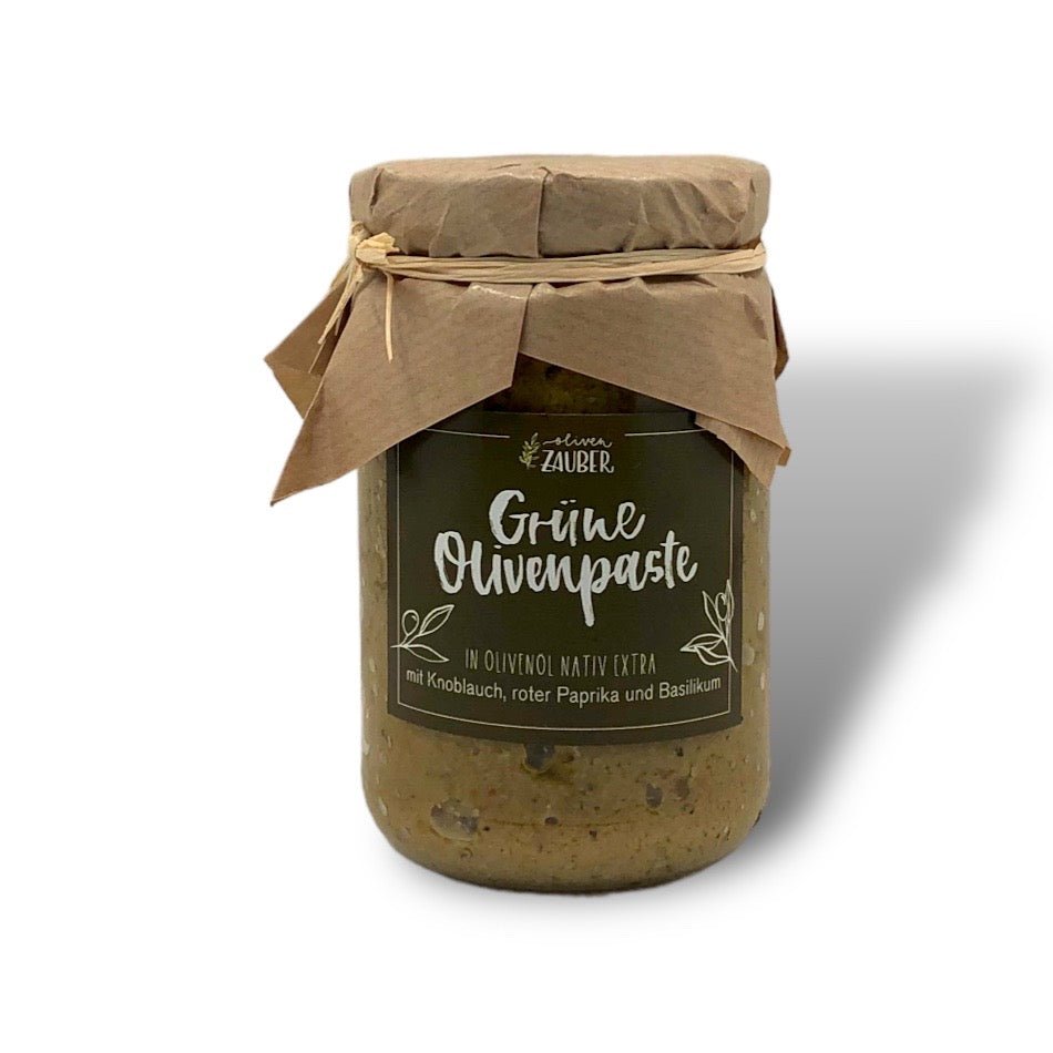 Grüne Olivenpaste mit Knoblauch und extra-nativem Olivenöl - OlivenZauber - Olivenöl neu erleben