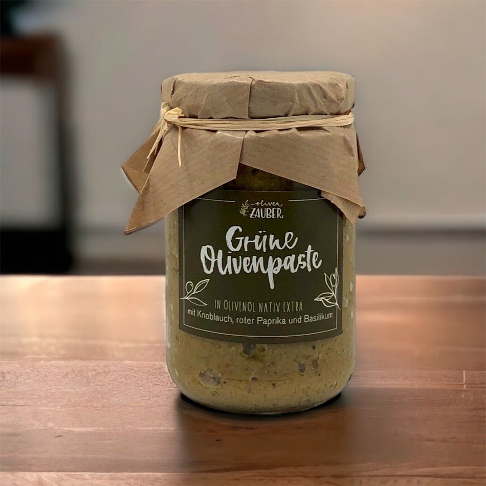 Grüne Olivenpaste mit Knoblauch und extra-nativem Olivenöl - OlivenZauber - Olivenöl neu erleben