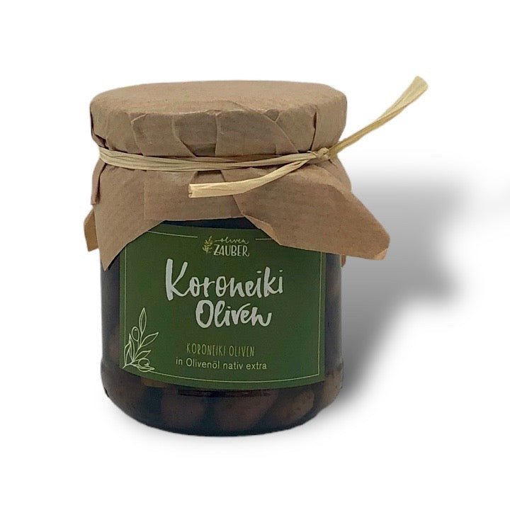 Koroneiki Oliven in extra-nativem Olivenöl eingelegt - OlivenZauber - Olivenöl neu erleben