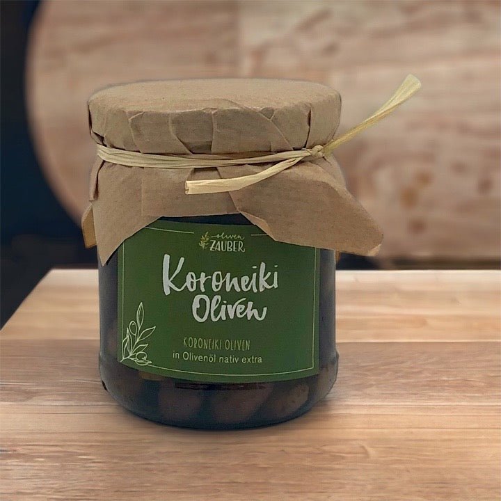 Koroneiki Oliven in extra-nativem Olivenöl eingelegt - OlivenZauber - Olivenöl neu erleben