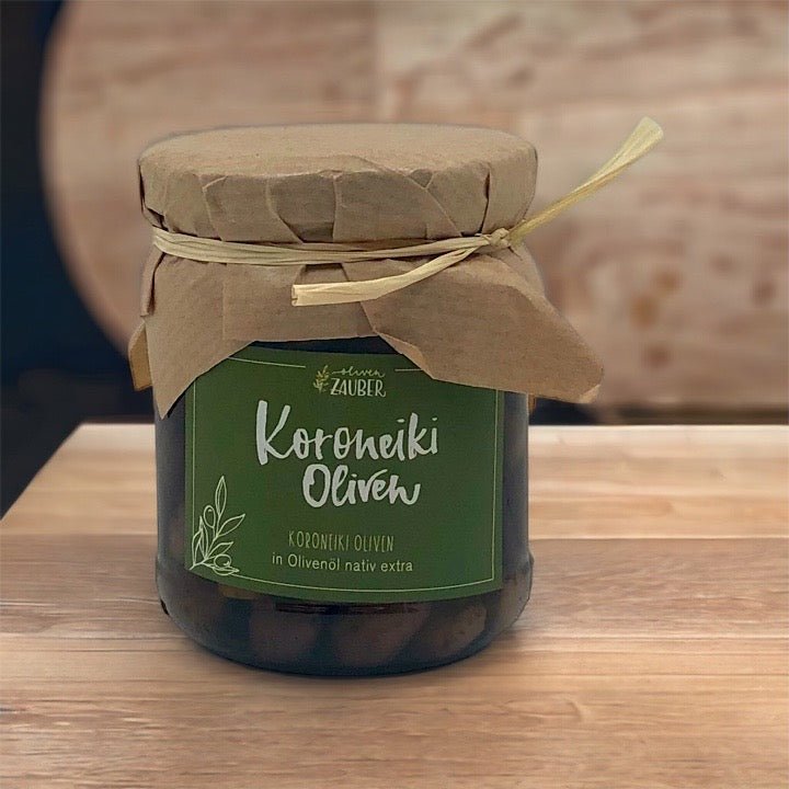 Koroneiki Oliven in extra-nativem Olivenöl eingelegt - OlivenZauber - Olivenöl neu erleben