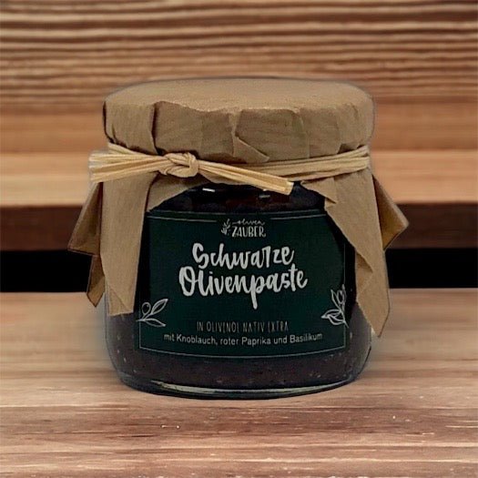 Schwarze Olivenpaste mit Knoblauch und extra-nativem Olivenöl - OlivenZauber - Olivenöl neu erleben