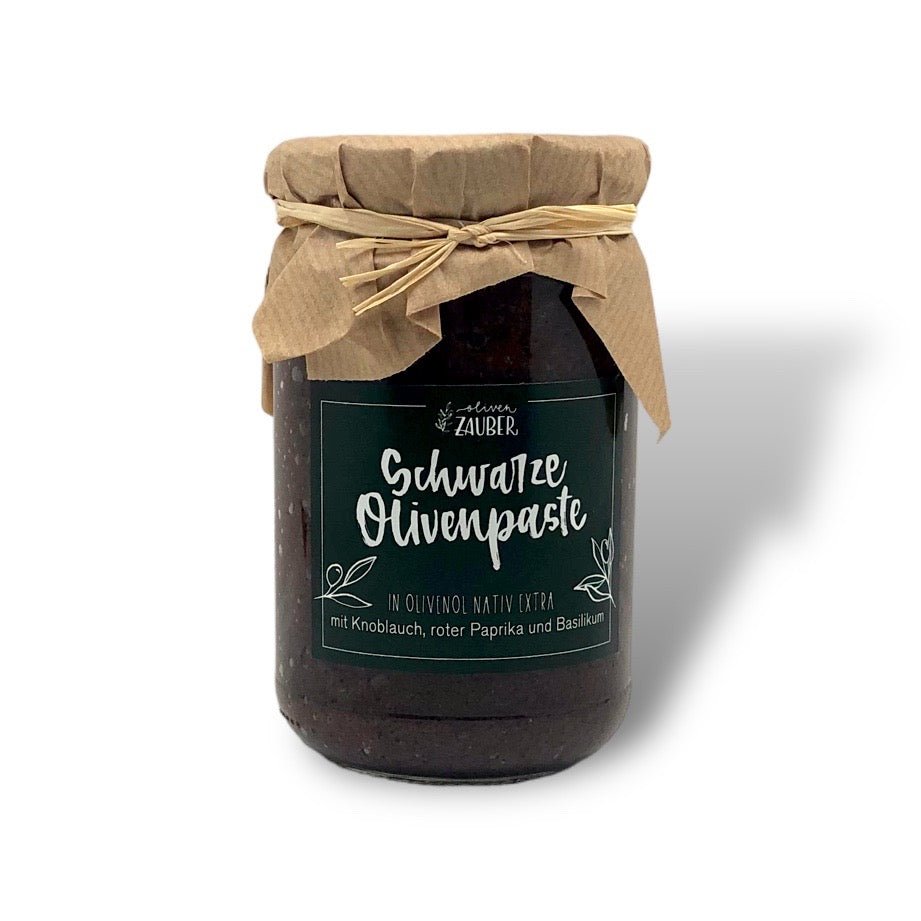 Schwarze Olivenpaste mit Knoblauch und extra-nativem Olivenöl - OlivenZauber - Olivenöl neu erleben