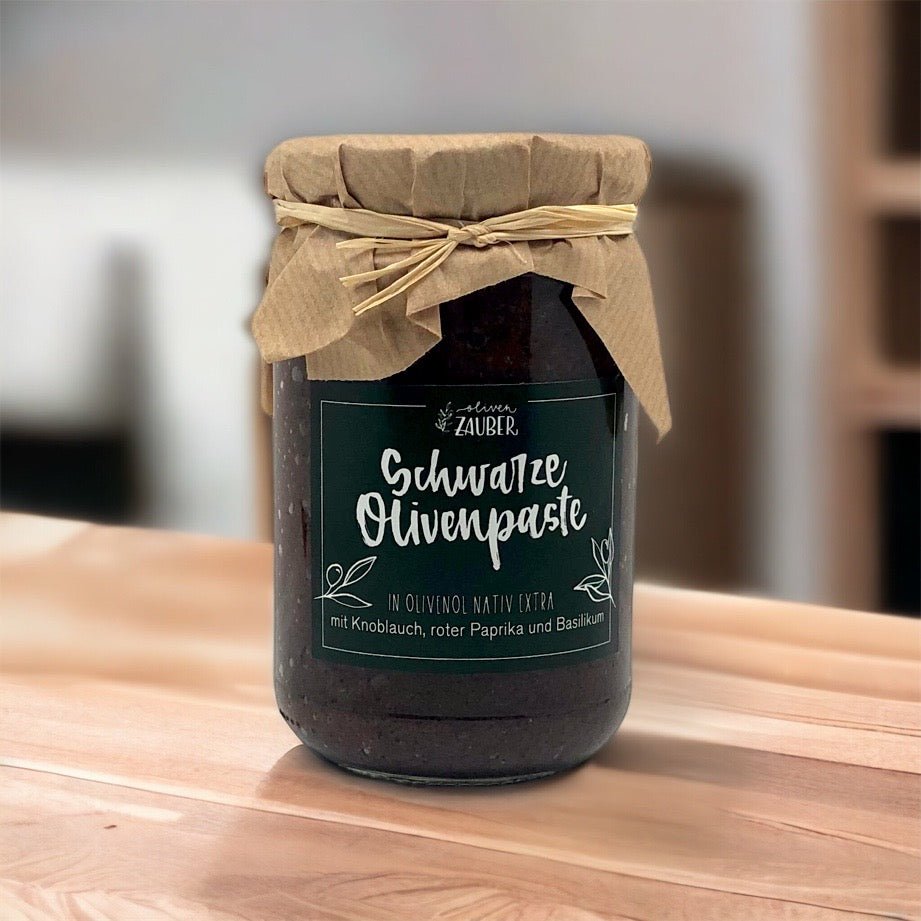 Schwarze Olivenpaste mit Knoblauch und extra-nativem Olivenöl - OlivenZauber - Olivenöl neu erleben