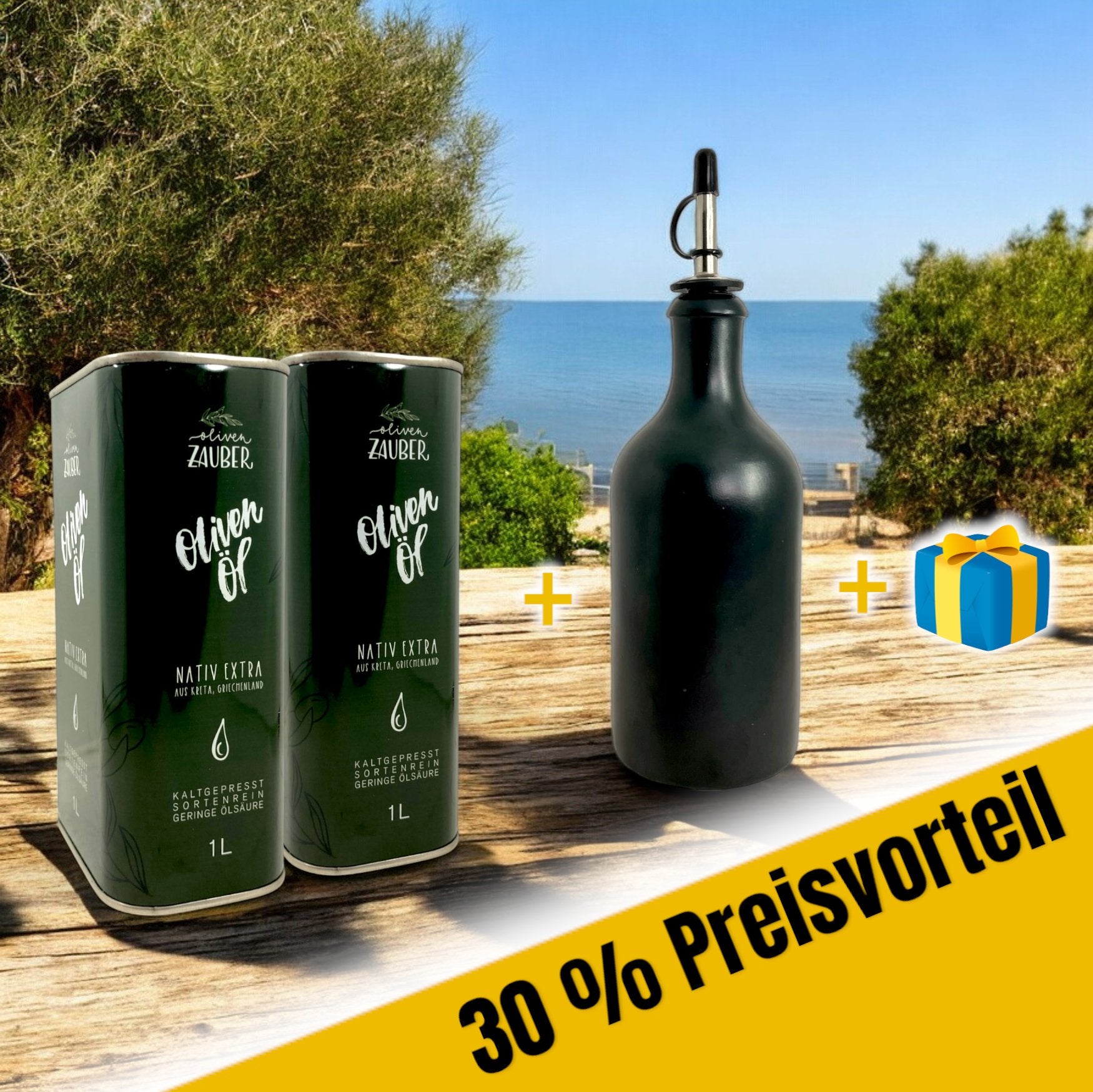 Aktionspaket 2 Liter Olivenöl mit Flasche und Geschenk - OlivenZauber - Olivenöl neu erleben