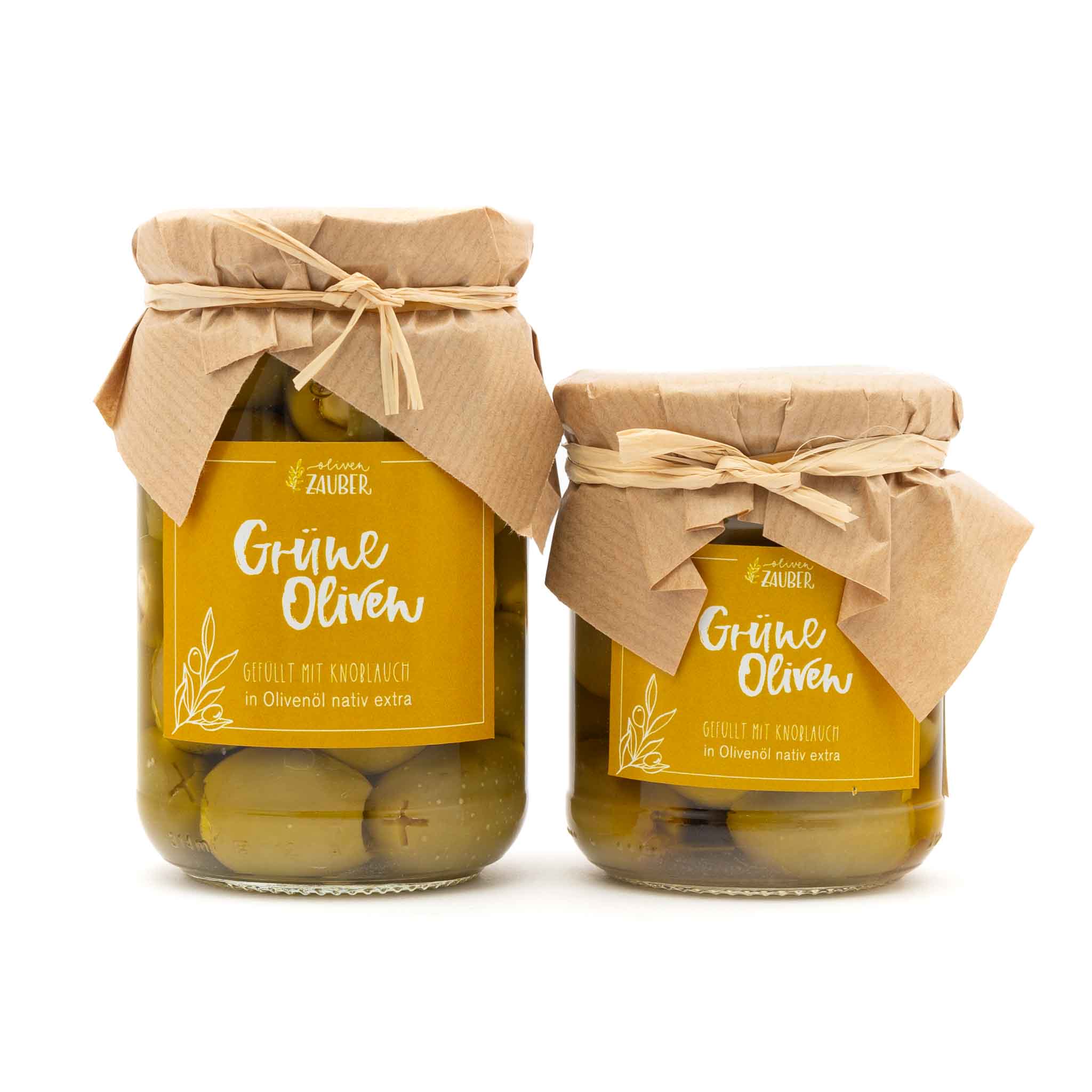 Gefüllte grüne Oliven mit Knoblauch eingelegt in Olivenöl nativ extra - OlivenZauber - Olivenöl neu erleben