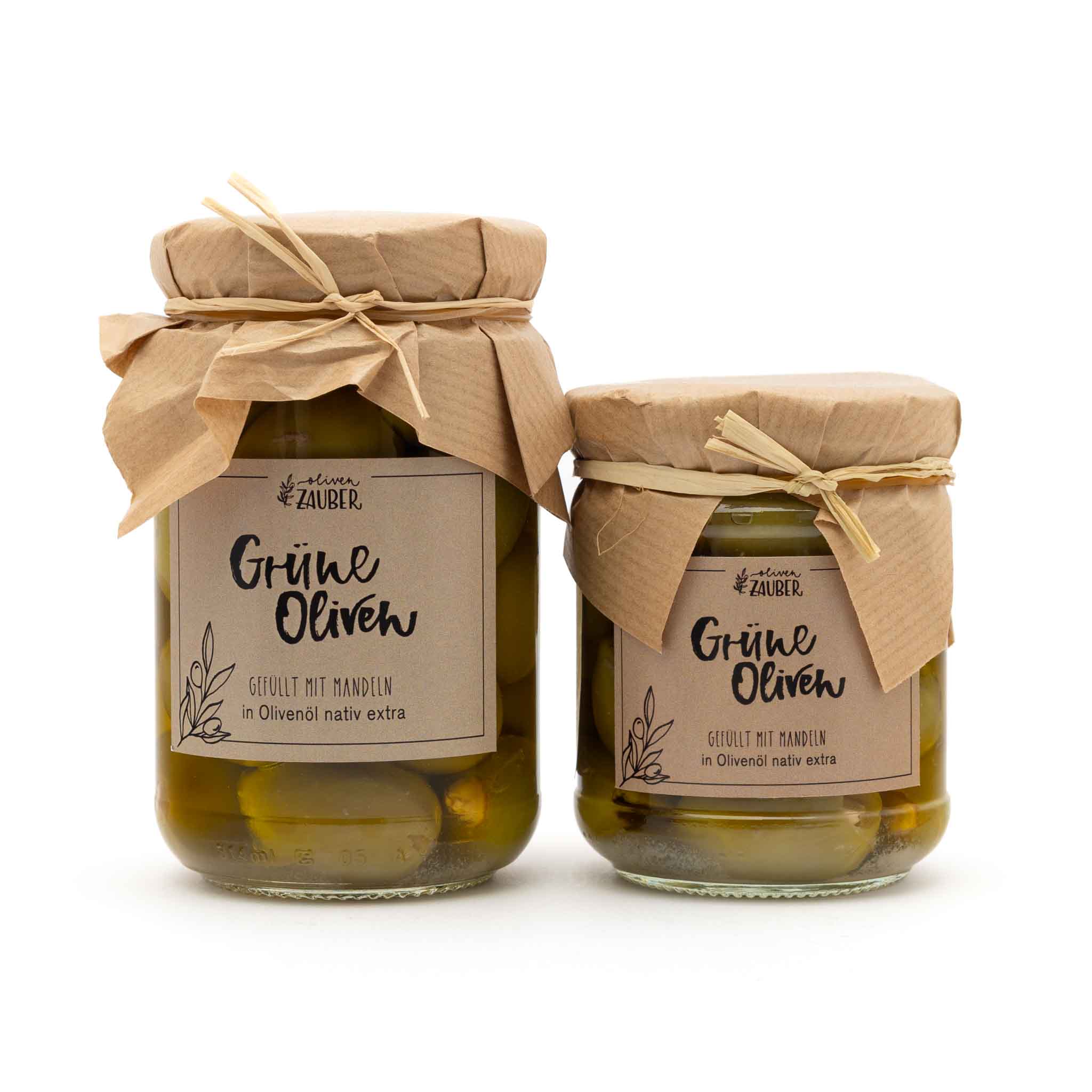 Gefüllte grüne Oliven mit Mandeln eingelegt in Olivenöl nativ extra - OlivenZauber - Olivenöl neu erleben