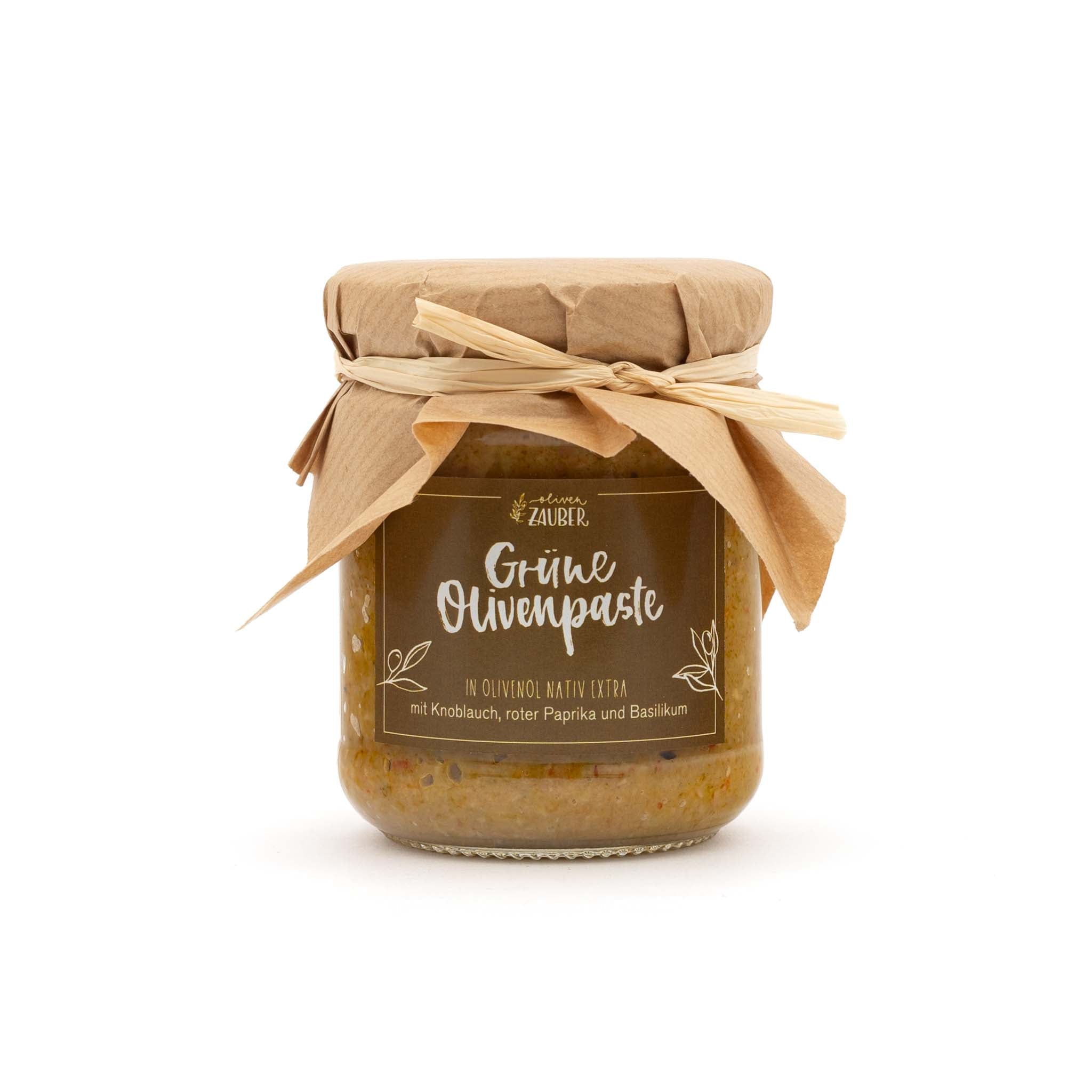 Grüne Olivenpaste mit Knoblauch und extra - nativem Olivenöl - OlivenZauber - Olivenöl neu erleben