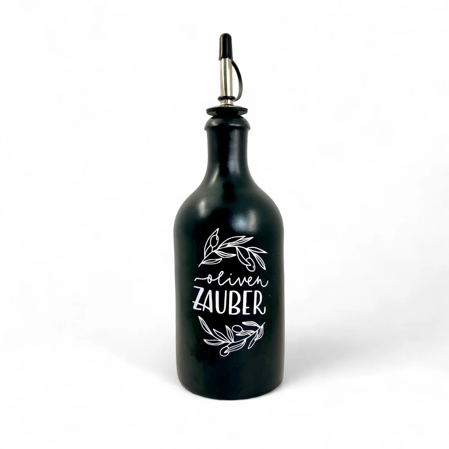 Ölflasche aus Feinsteinzeug mit Logo - OlivenZauber - Olivenöl neu erleben