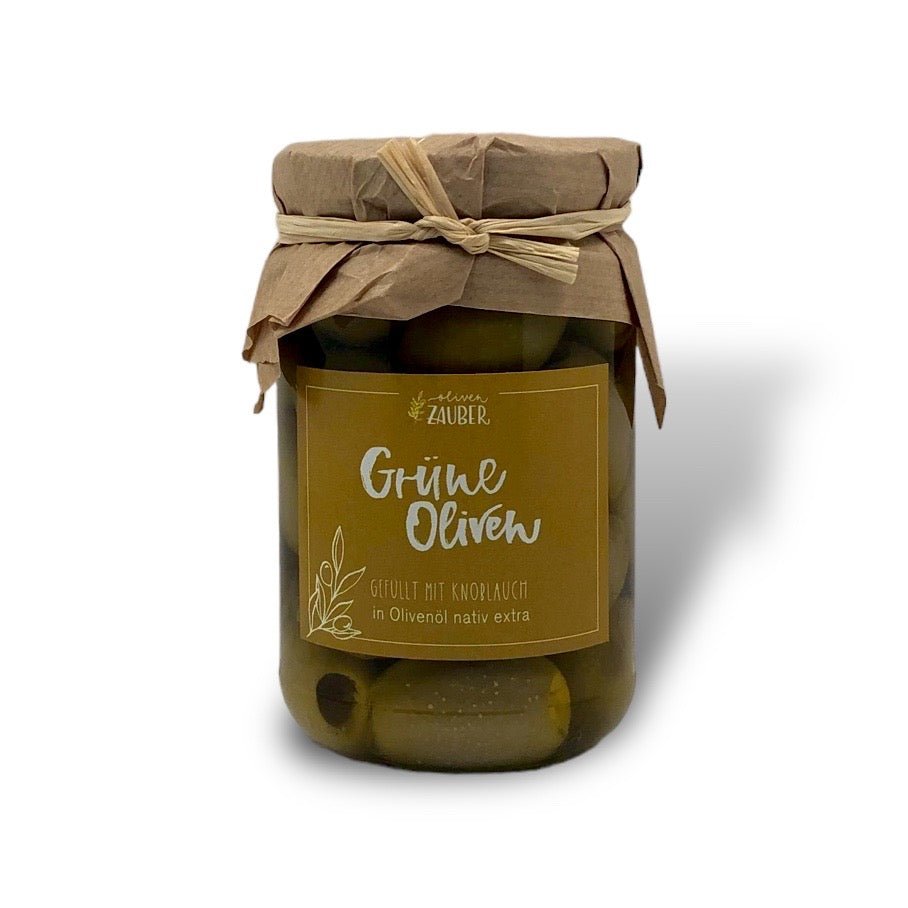 Gefüllte grüne Oliven mit Knoblauch eingelegt in Olivenöl nativ extra - OlivenZauber - Olivenöl neu erleben