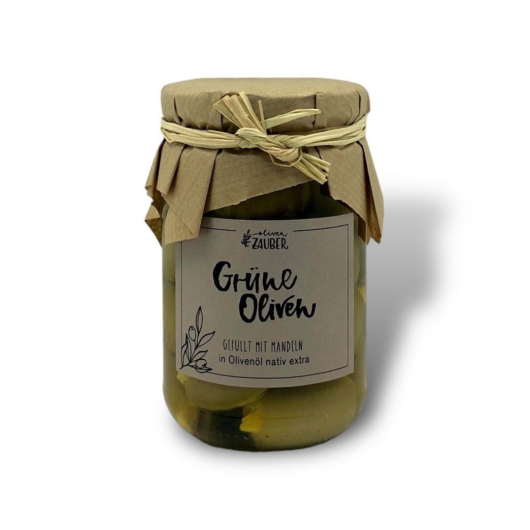 Gefüllte grüne Oliven mit Mandeln eingelegt in Olivenöl nativ extra - OlivenZauber - Olivenöl neu erleben