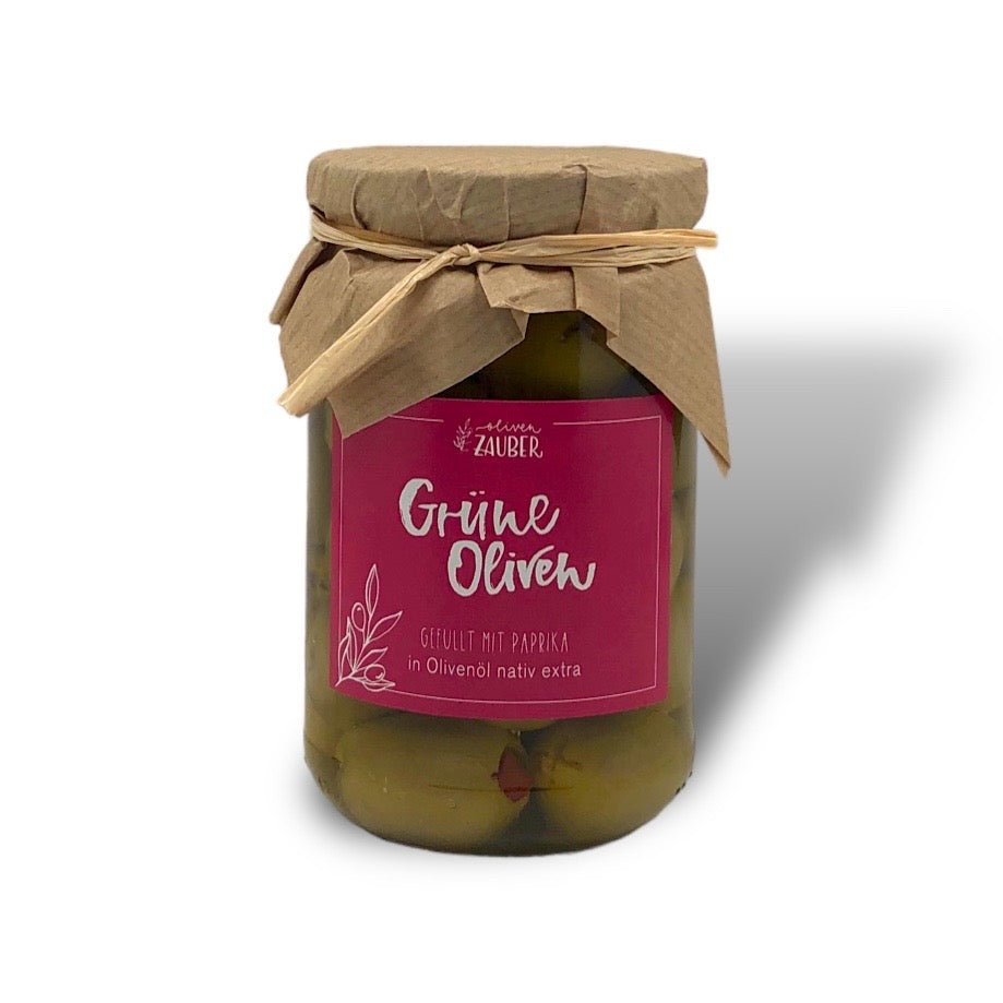 Gefüllte grüne Oliven mit Paprika eingelegt in Olivenöl nativ extra - OlivenZauber - Olivenöl neu erleben