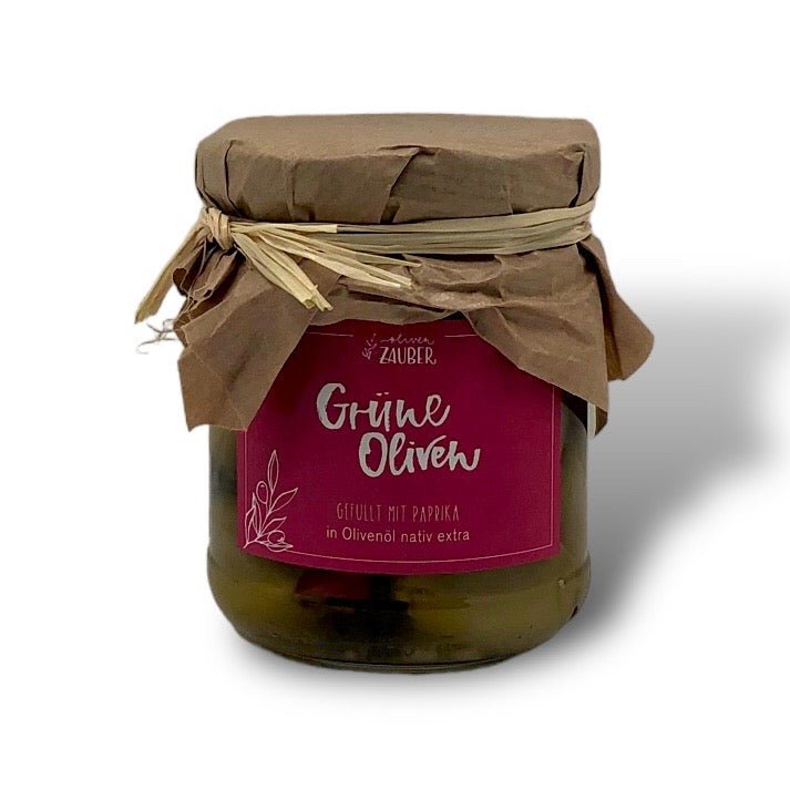 Gefüllte grüne Oliven mit Paprika eingelegt in Olivenöl nativ extra - OlivenZauber - Olivenöl neu erleben