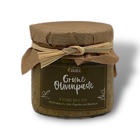 Grüne Olivenpaste mit Knoblauch und extra-nativem Olivenöl - OlivenZauber - Olivenöl neu erleben