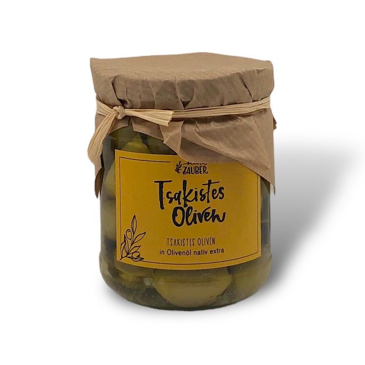 Grüne Tsakistes Oliven mit Zitrone eingelegt in Olivenöl nativ extra - OlivenZauber - Olivenöl neu erleben