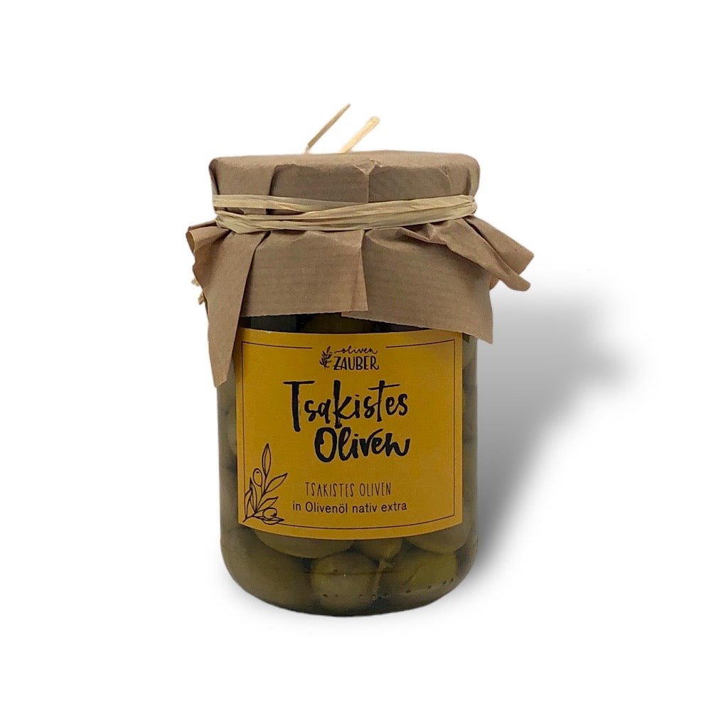 Grüne Tsakistes Oliven mit Zitrone eingelegt in Olivenöl nativ extra - OlivenZauber - Olivenöl neu erleben